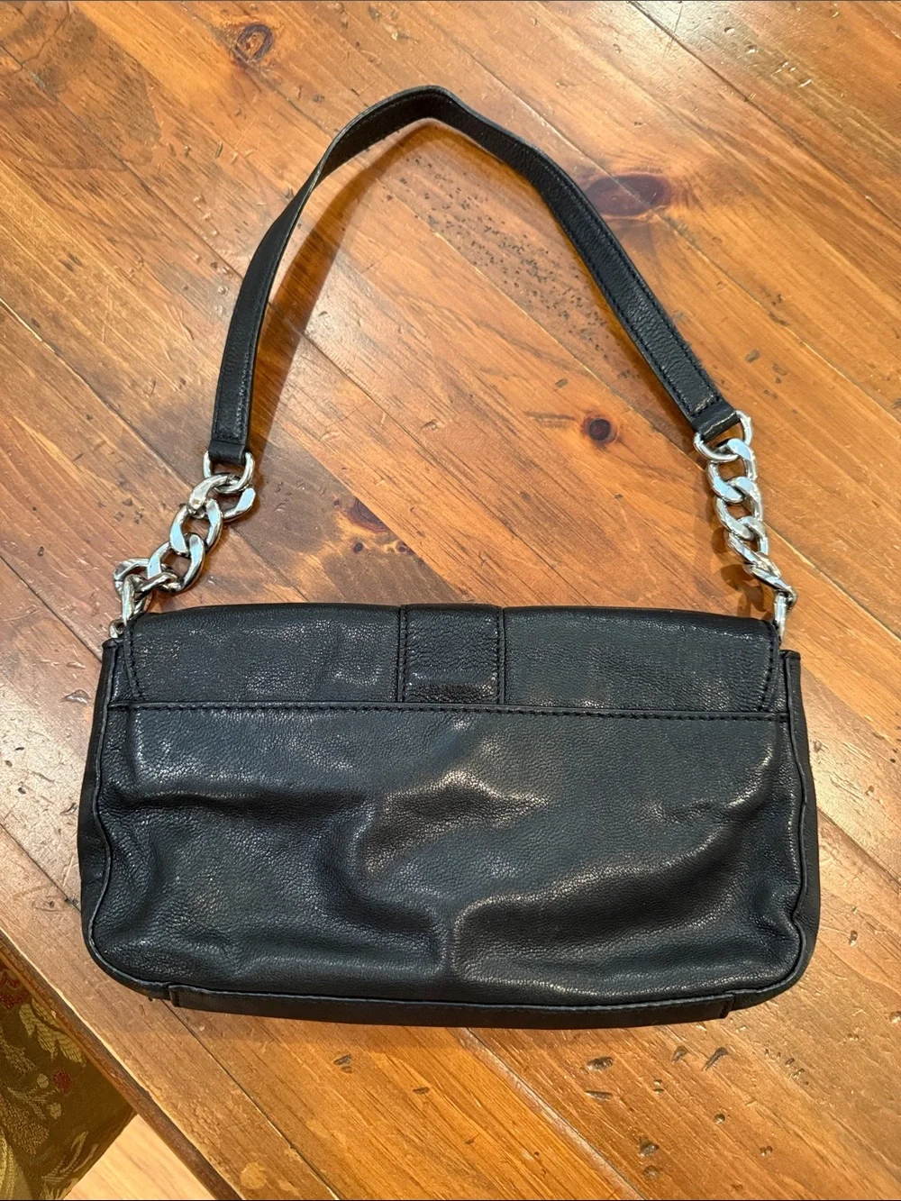 Michael Kors Black Leather Shoulder Bag with Silver MK Emblem